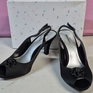 Dress Barn Black Satin Slingback Peep Toe Heels with Beaded Flower
